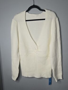 NWT Cupshe Ivory Twist Front Rib Knit Sweater XL Soft Cozy Long Sleeve Pullover
